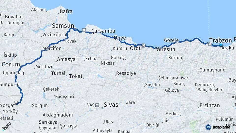 Trabzon Araklı Yozgat Arası Kaç Km - Yol Haritası