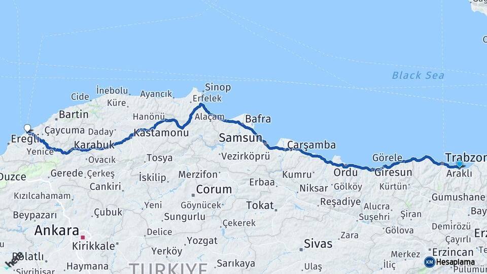 Trabzon Araklı Zonguldak Arası Kaç Km - Yol Haritası