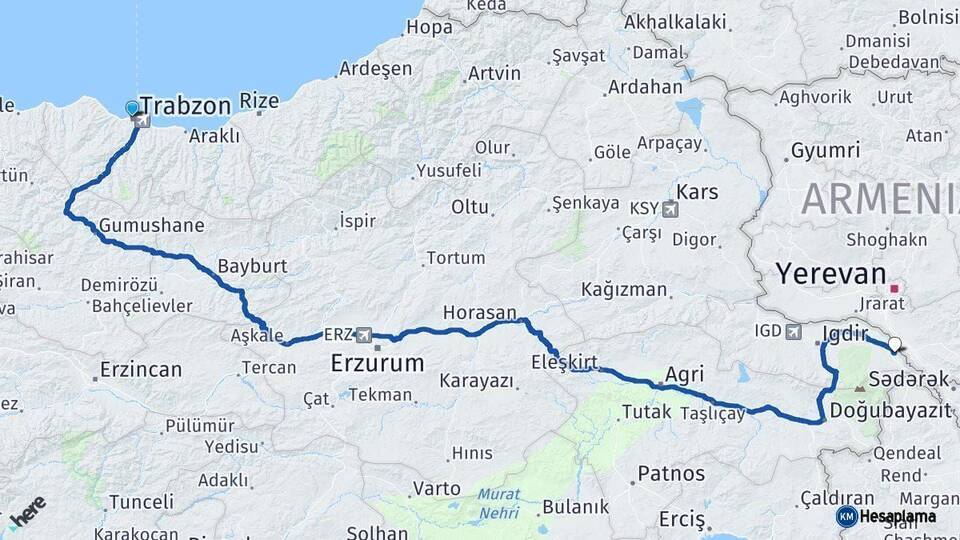 Trabzon Aralık Iğdır Arası Kaç Km - Yol Haritası