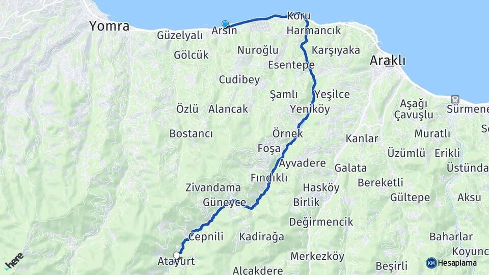 Trabzon Arsin Atayurt Arsin Arası Kaç Km - Yol Haritası