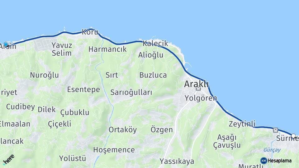 Trabzon Arsin Sürmene Arası Kaç Km - Yol Haritası