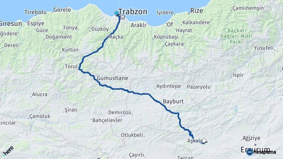 Trabzon Aşkale Erzurum Arası Kaç Km - Yol Haritası
