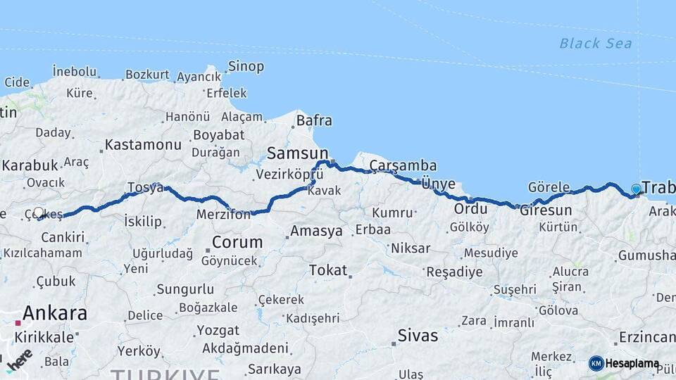 Trabzon Atkaracalar Çankırı Arası Kaç Km - Yol Haritası