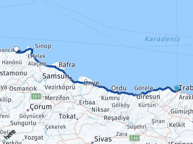Trabzon Ayancık Sinop Arası Kaç Km - Yol Haritası