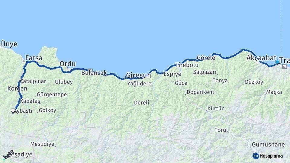Trabzon Aybastı Ordu Arası Kaç Km - Yol Haritası