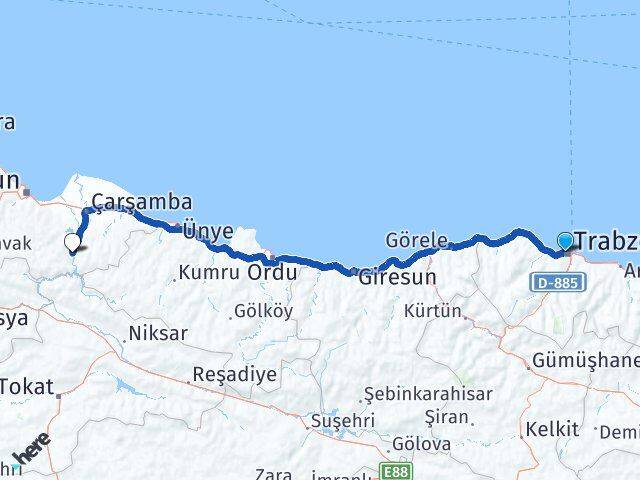 Trabzon Ayvacık Samsun Arası Kaç Km - Yol Haritası
