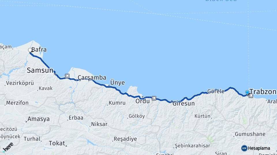 Trabzon Bafra Samsun Arası Kaç Km - Yol Haritası