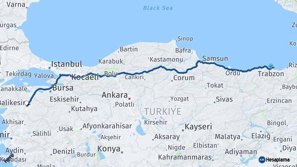 Trabzon Balıkesir Arası Kaç Km - Yol Haritası