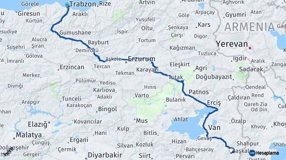Trabzon Başkale Van Arası Kaç Km - Yol Haritası