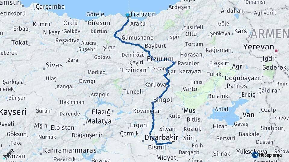 Trabzon Batman Arası Kaç Km - Yol Haritası