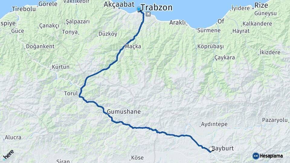 Trabzon Bayburt Arası Kaç Km - Yol Haritası