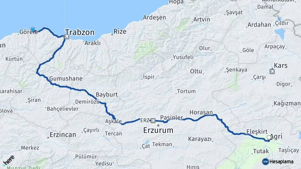 Trabzon Beşikdüzü Ağrı Arası Kaç Km - Yol Haritası