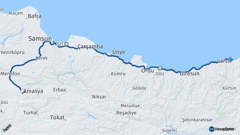 Trabzon Beşikdüzü Amasya Arası Kaç Km - Yol Haritası