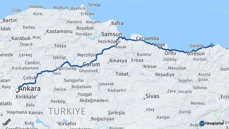Trabzon Beşikdüzü Ankara Arası Kaç Km - Yol Haritası