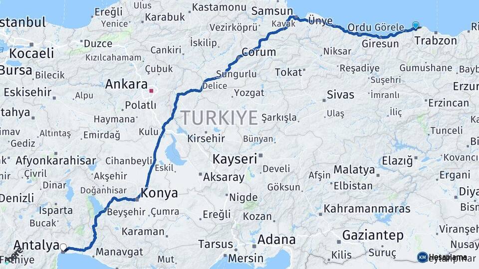 Trabzon Beşikdüzü Antalya Arası Kaç Km - Yol Haritası