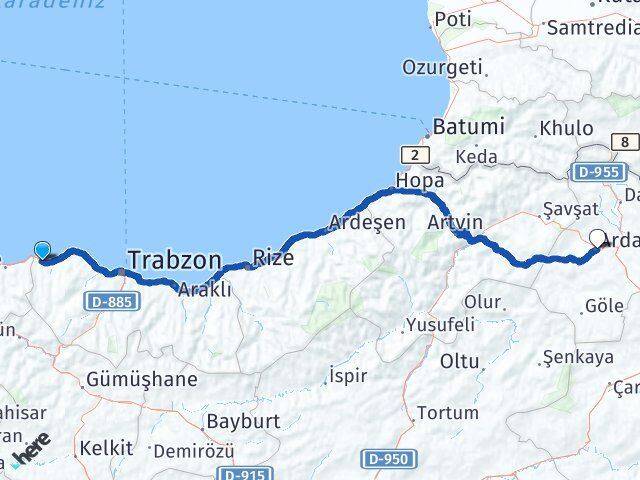 Trabzon Beşikdüzü Ardahan Arası Kaç Km - Yol Haritası