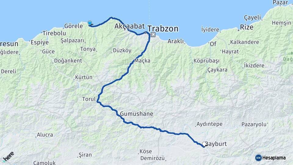 Trabzon Beşikdüzü Bayburt Arası Kaç Km - Yol Haritası