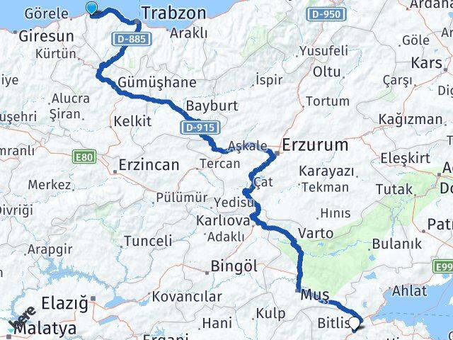 Trabzon Beşikdüzü Bitlis Arası Kaç Km - Yol Haritası