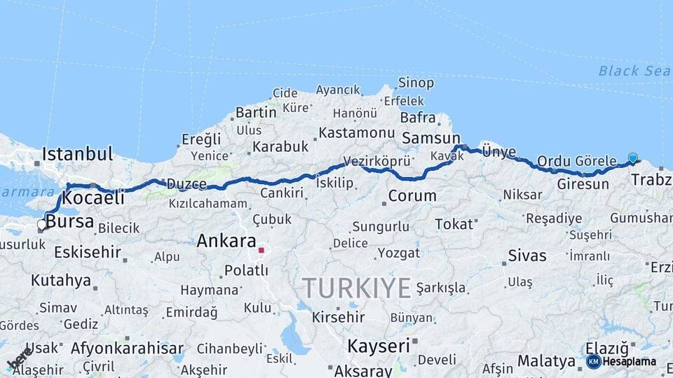 Trabzon Beşikdüzü Bursa Arası Kaç Km - Yol Haritası