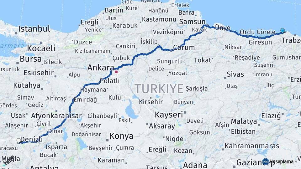 Trabzon Beşikdüzü Denizli Arası Kaç Km - Yol Haritası
