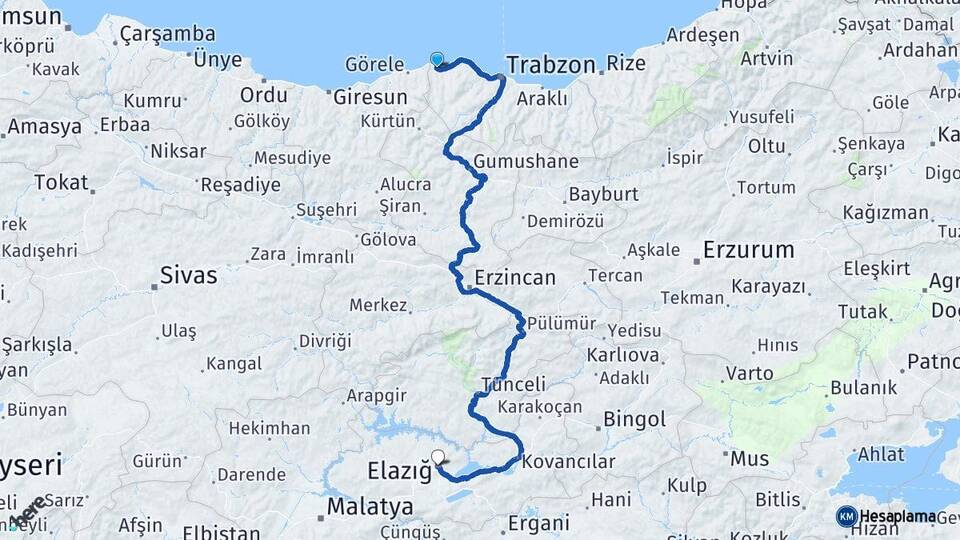 Trabzon Beşikdüzü Elazığ Arası Kaç Km - Yol Haritası