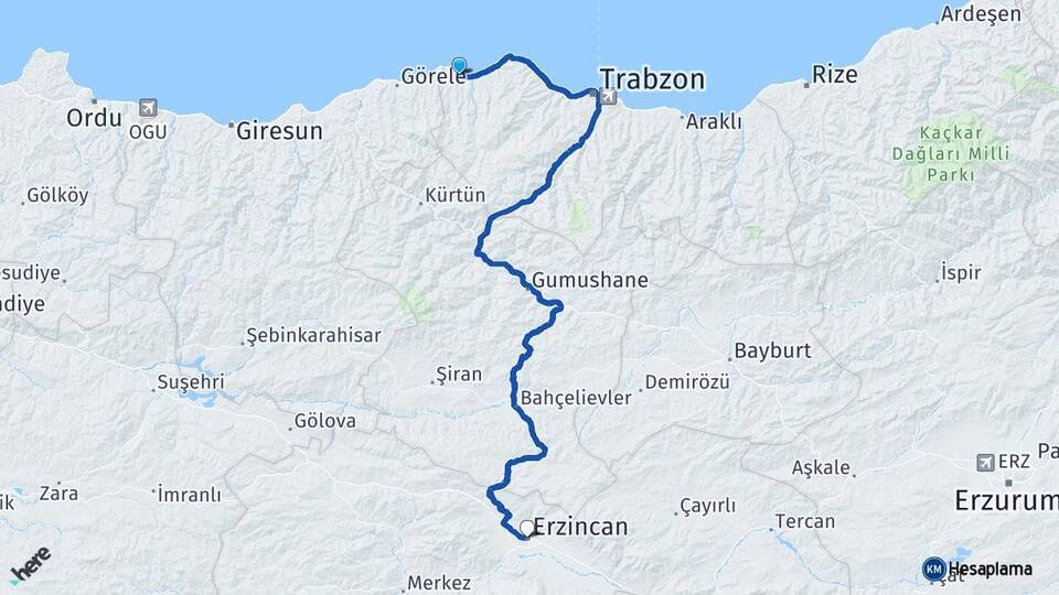 Trabzon Beşikdüzü Erzincan Arası Kaç Km - Yol Haritası