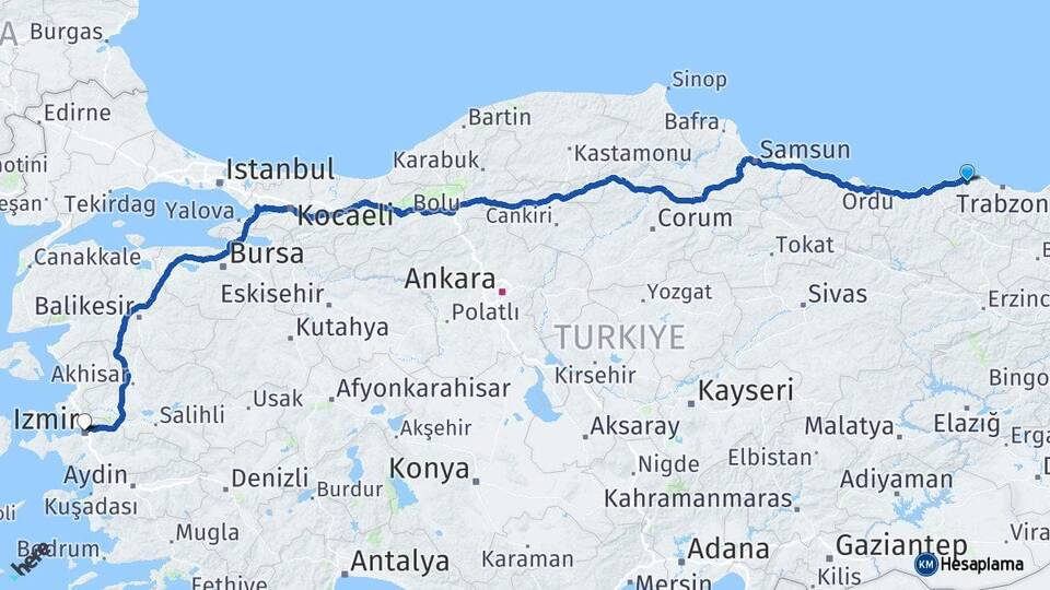 Trabzon Beşikdüzü İzmir Arası Kaç Km - Yol Haritası