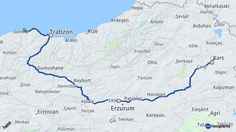 Trabzon Beşikdüzü Kars Arası Kaç Km - Yol Haritası