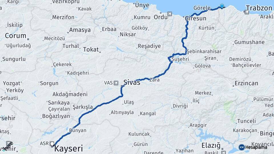 Trabzon Beşikdüzü Kayseri Arası Kaç Km - Yol Haritası