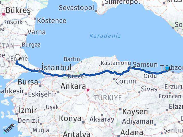 Trabzon Beşikdüzü Kırklareli Arası Kaç Km - Yol Haritası