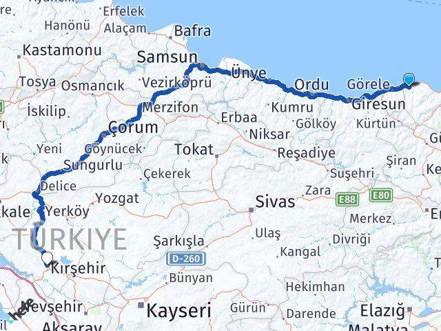 Trabzon Beşikdüzü Kırşehir Arası Kaç Km - Yol Haritası