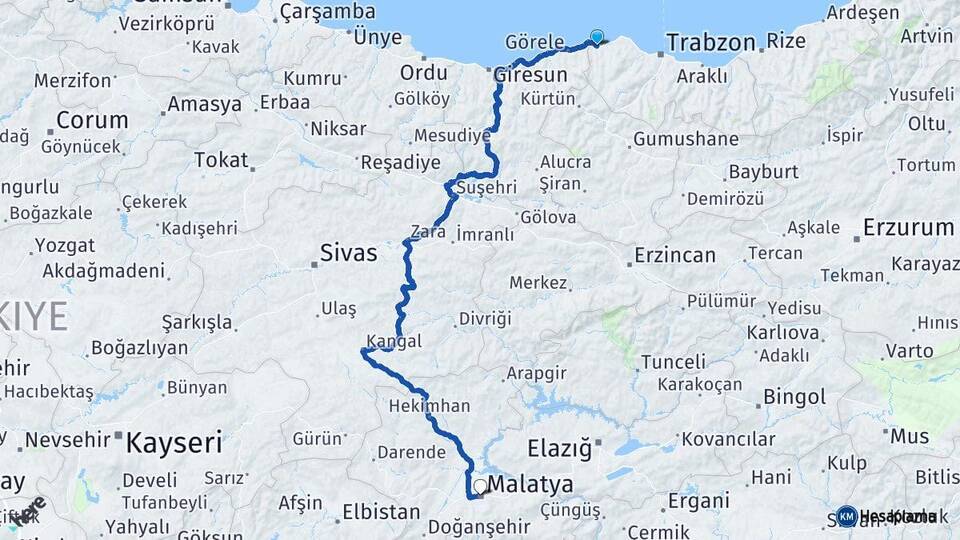 Trabzon Beşikdüzü Malatya Arası Kaç Km - Yol Haritası