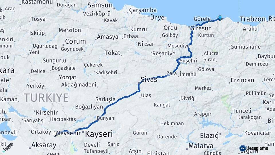 Trabzon Beşikdüzü Nevşehir Arası Kaç Km - Yol Haritası