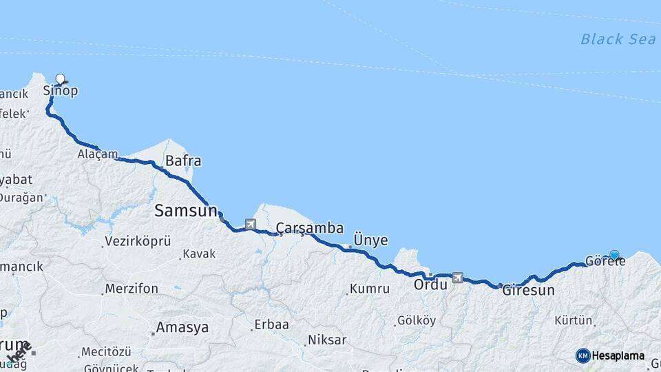 Trabzon Beşikdüzü Sinop Arası Kaç Km - Yol Haritası