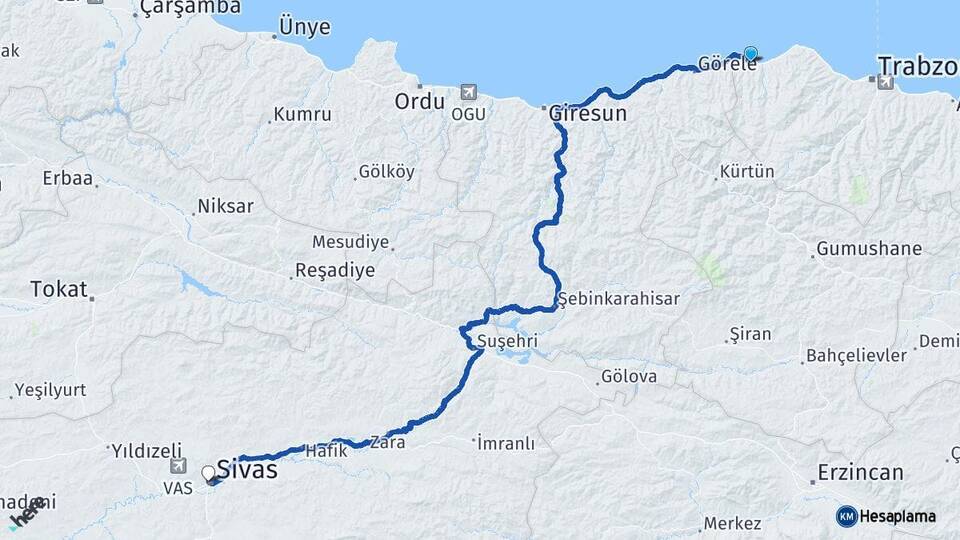 Trabzon Beşikdüzü Sivas Arası Kaç Km - Yol Haritası