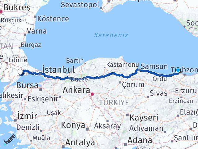 Trabzon Beşikdüzü Tekirdağ Arası Kaç Km - Yol Haritası