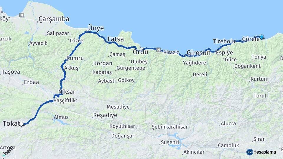 Trabzon Beşikdüzü Tokat Arası Kaç Km - Yol Haritası