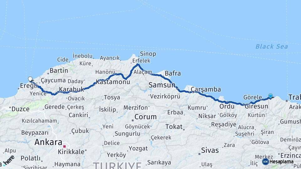 Trabzon Beşikdüzü Zonguldak Arası Kaç Km - Yol Haritası