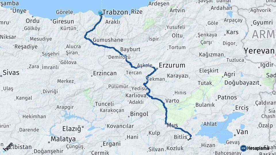 Trabzon Bitlis Arası Kaç Km - Yol Haritası