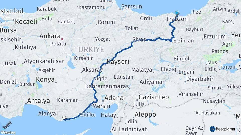 Trabzon Bozyazı Mersin Arası Kaç Km - Yol Haritası