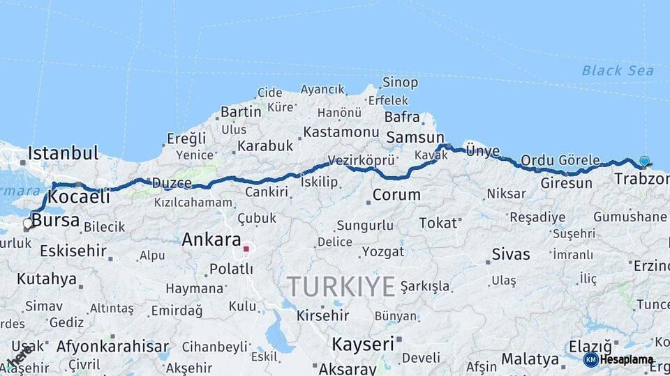 Trabzon Bursa Arası Kaç Km - Yol Haritası