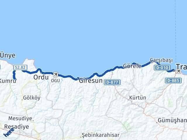 Trabzon Çamaş Ordu Arası Kaç Km - Yol Haritası