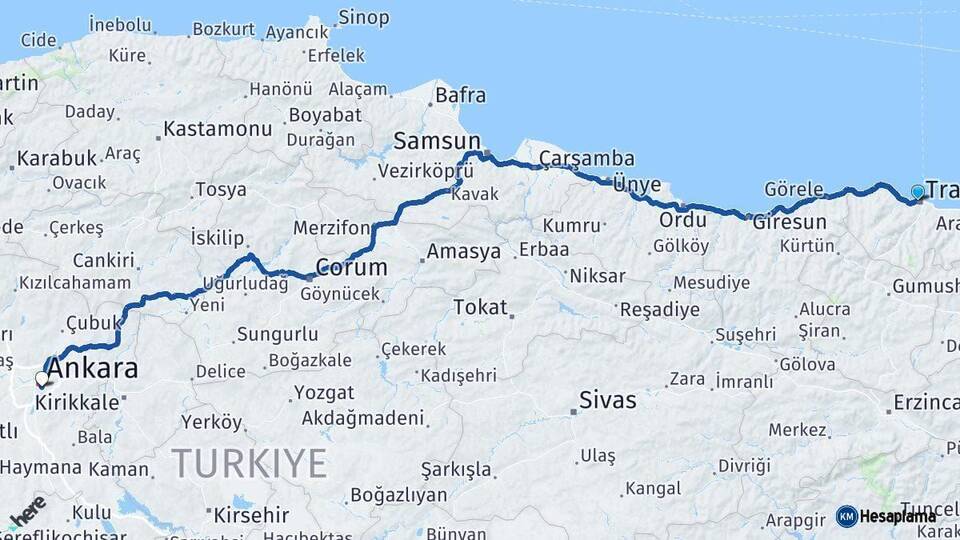 Trabzon Çankaya Ankara Arası Kaç Km - Yol Haritası