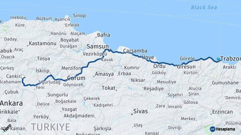 Trabzon Çankırı Arası Kaç Km - Yol Haritası