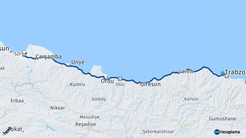 Trabzon Çarşamba Havalimanı Arası Kaç Km - Yol Haritası