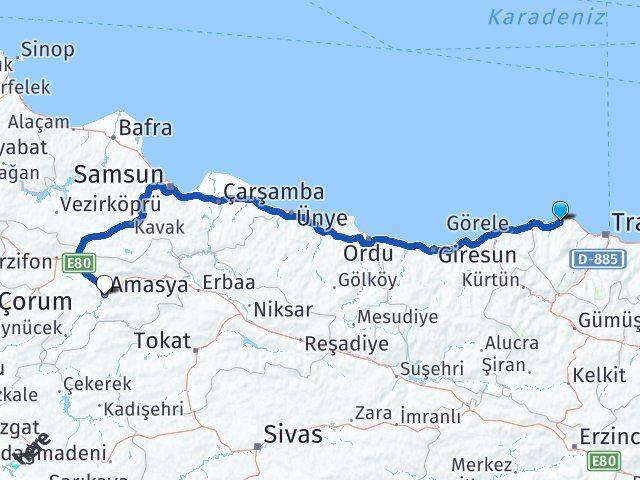 Trabzon Çarşıbaşı Amasya Arası Kaç Km - Yol Haritası