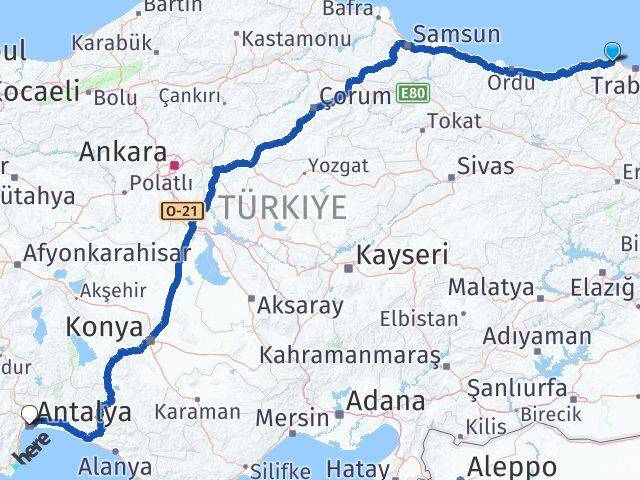 Trabzon Çarşıbaşı Antalya Arası Kaç Km - Yol Haritası