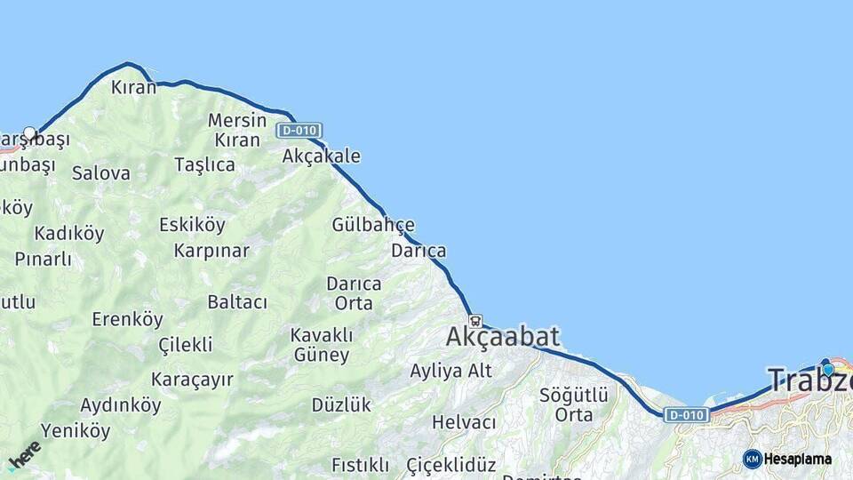 Trabzon Çarşıbaşı Arası Kaç Km - Yol Haritası