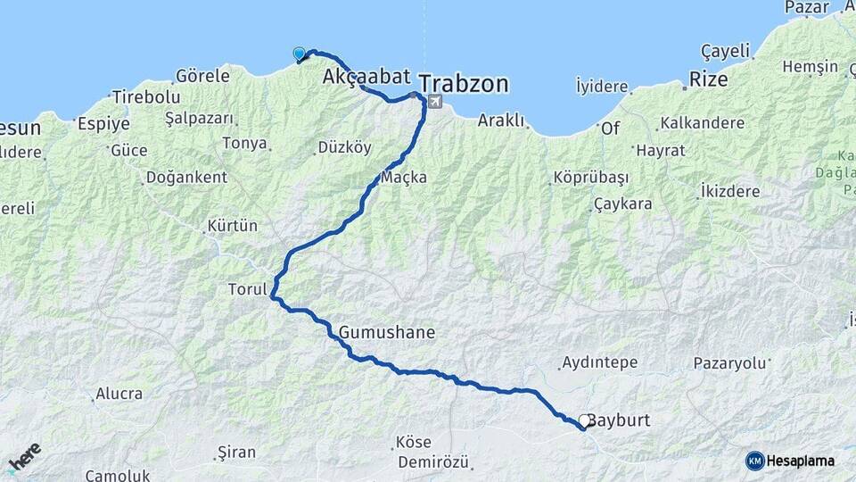 Trabzon Çarşıbaşı Bayburt Arası Kaç Km - Yol Haritası