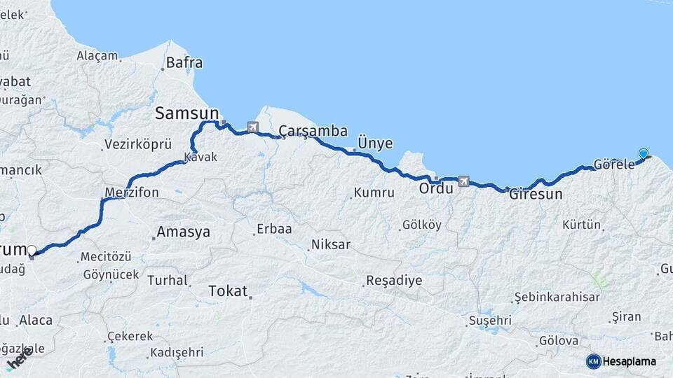 Trabzon Çarşıbaşı Çorum Arası Kaç Km - Yol Haritası